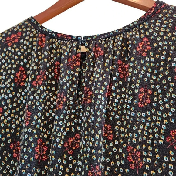 LOFT Blouse Top Womens Medium Black Geo Floral Print Keyhole Round Neck Pullover - Picture 5 of 7